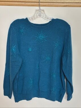 EUC LOFT Starbust Crewneck Sweater, Size XXLP, Teal w/Tonal Sequined Starburst